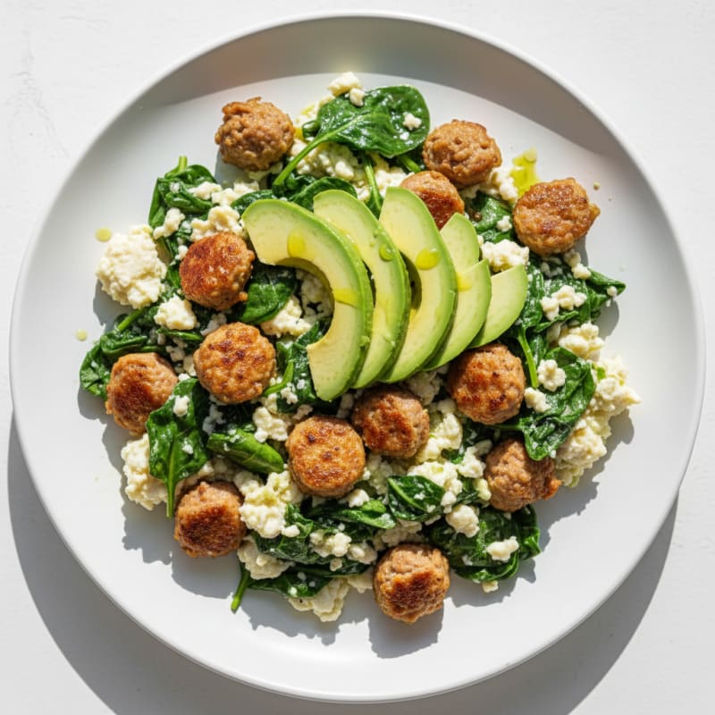 Egg White Spinach Scramble with Turkey Sausage and Avocado