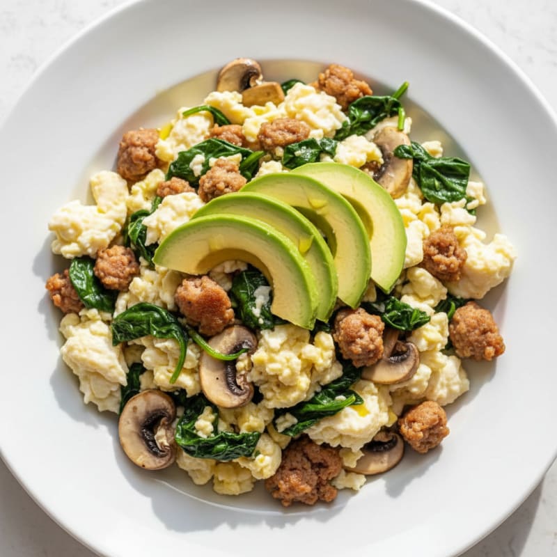 Egg White and Turkey Sausage Scramble with Spinach and Mushrooms