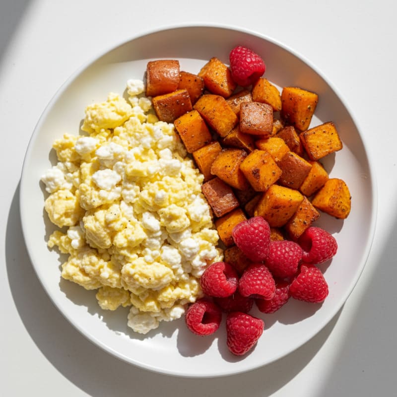 Cottage Cheese Scramble with Roasted Sweet Potatoes and Fresh Berries