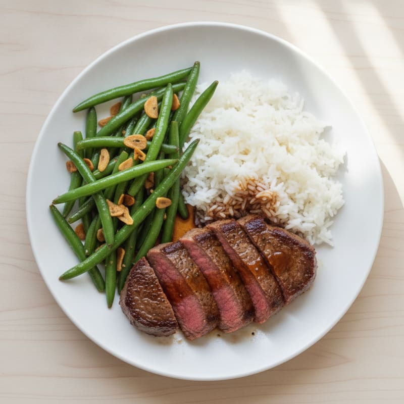 Seared Steak with Steamed Rice and Garlic Green Beans