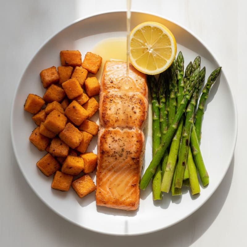 Seared Salmon Fillet with Roasted Sweet Potato and Asparagus
