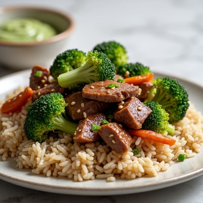 Stir-Fried Garlic-Ginger Beef with Crispy Broccoli and Brown Rice