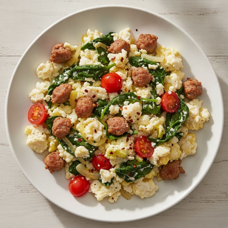 Egg White and Spinach Scramble with Turkey Sausage
