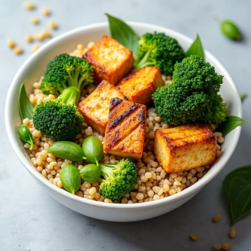 Grilled Tofu and Quinoa Bowl with Roasted Broccoli