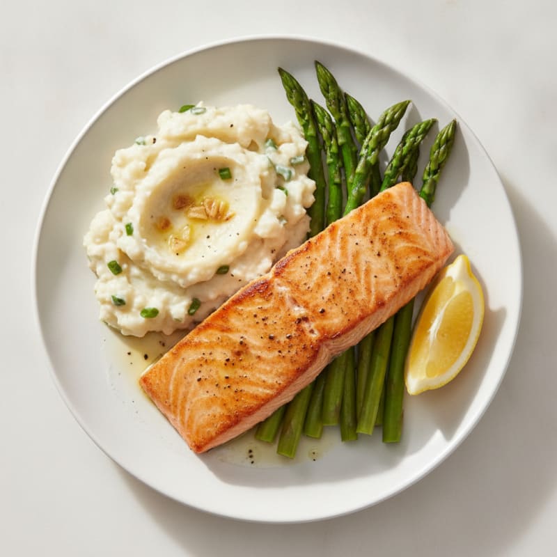 Seared Salmon Fillet with Steamed Asparagus and Garlic Mashed Cauliflower