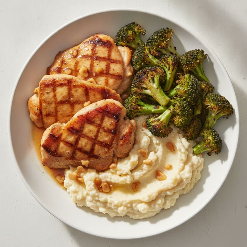 Seared Chicken Thighs with Roasted Broccoli and Garlic Mashed Cauliflower