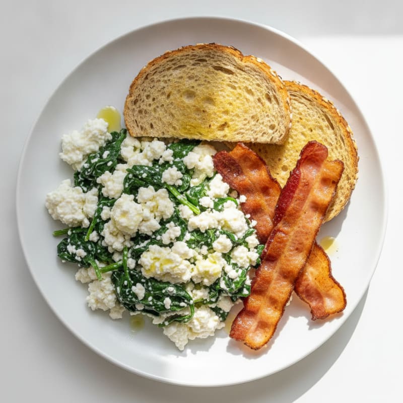 Cottage Cheese Egg White Scramble with Spinach and Turkey Bacon