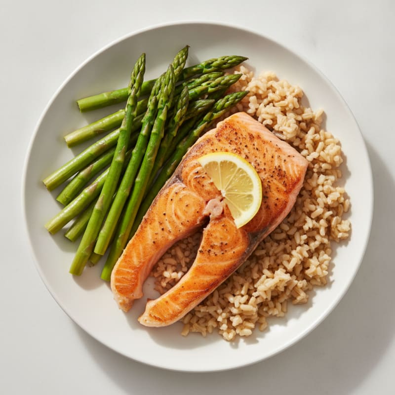 Seared Salmon Fillet with Steamed Asparagus and Brown Rice