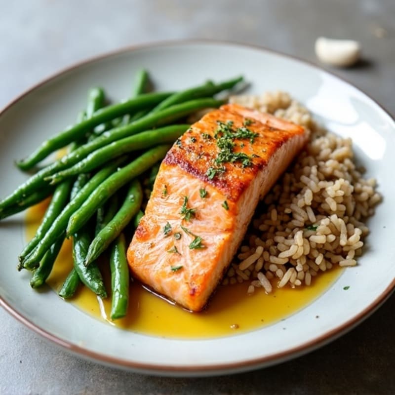 Seared Salmon Filet with Garlic Green Beans and Brown Rice