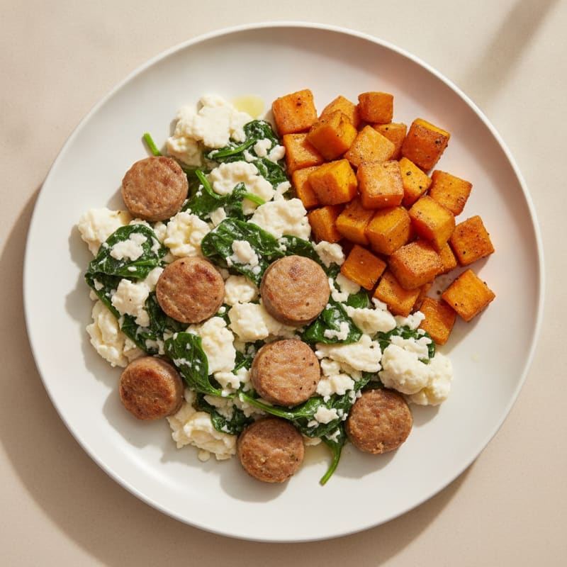 Egg White and Turkey Sausage Scramble with Spinach and Roasted Sweet Potato