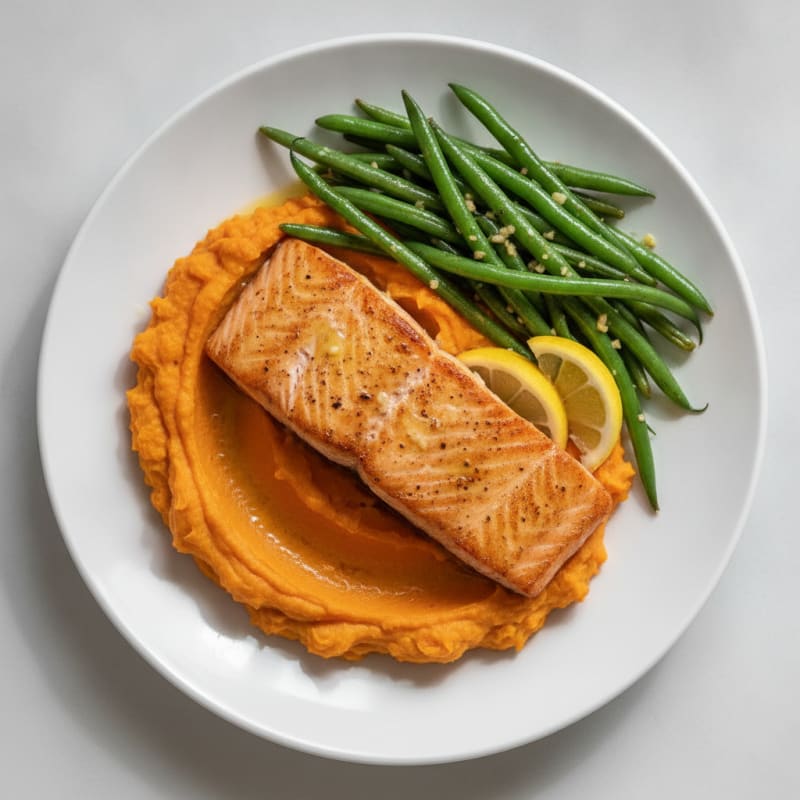 Seared Salmon with Garlic Green Beans and Sweet Potato Mash
