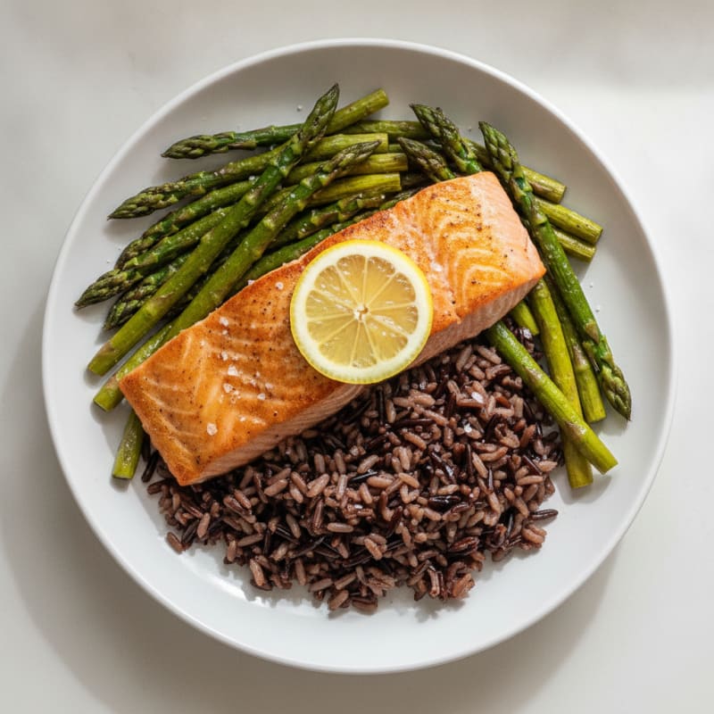 Seared Salmon with Roasted Asparagus and Wild Rice