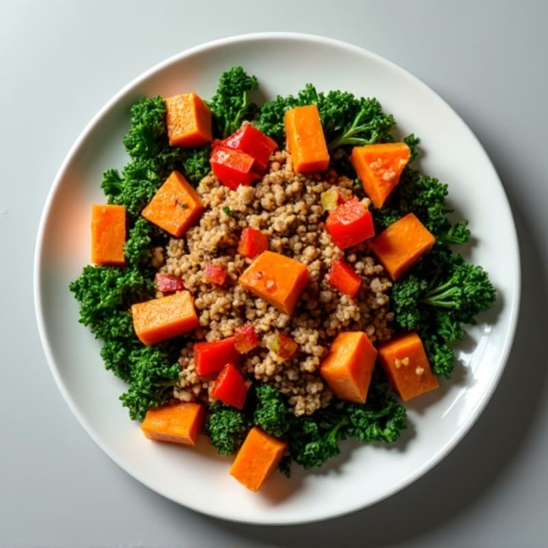 Lean Ground Turkey and Sweet Potato Hash with Sautéed Greens