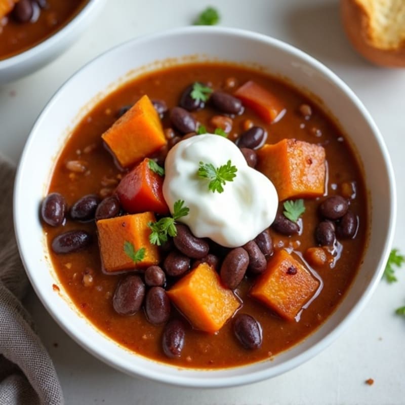 Creamy Cocoa Black Bean Chili with Roasted Sweet Potato