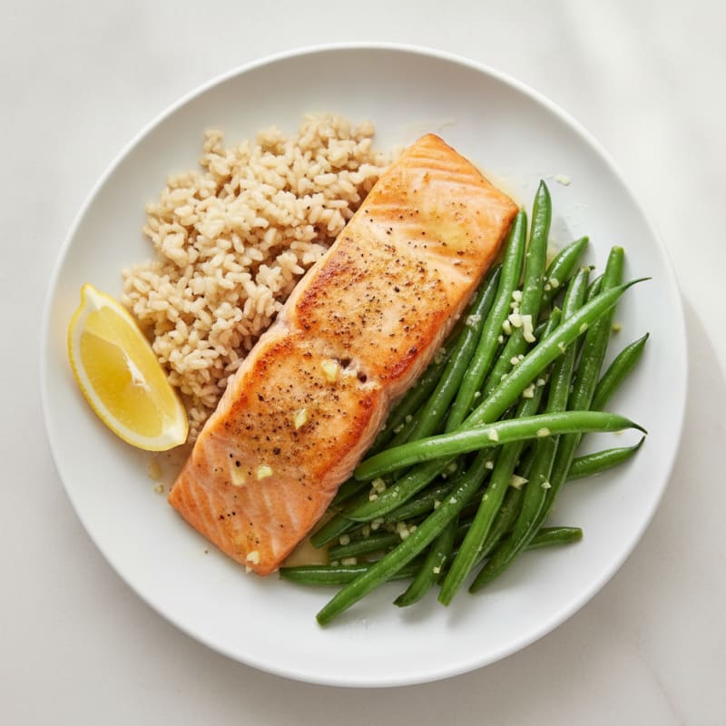 Baked Salmon with Garlic Green Beans and Brown Rice