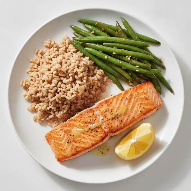 Seared Salmon with Garlic Green Beans and Brown Rice