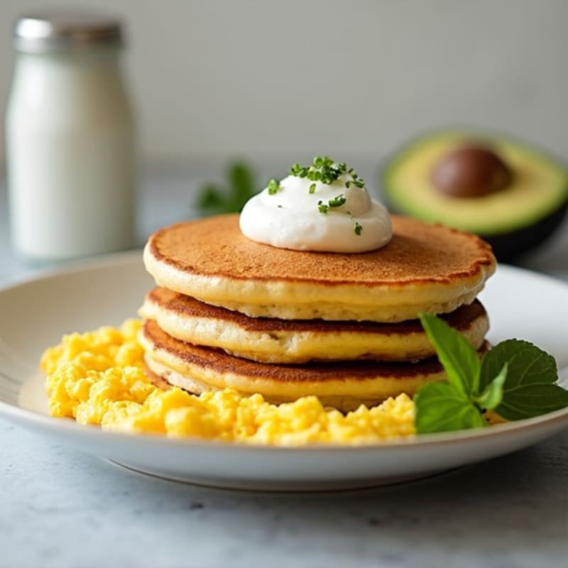 Fluffy Pancakes with Creamy Scrambled Eggs and Fresh Avocado