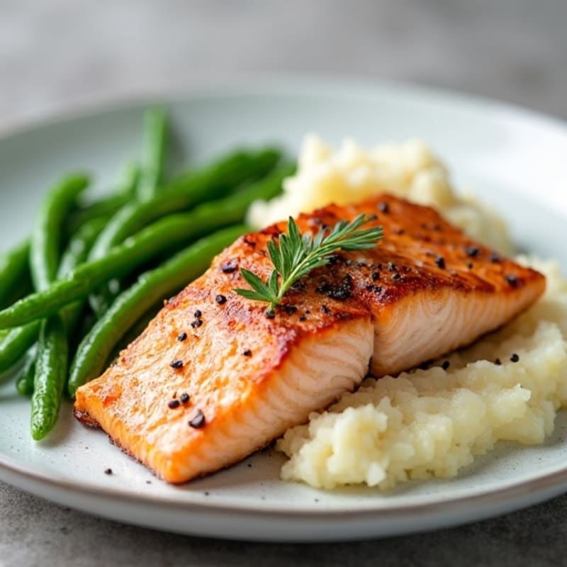 Seared Salmon with Steamed Green Beans and Garlic Mashed Potatoes