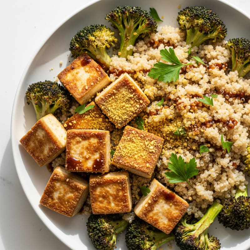 Seared Tofu and Quinoa Bowl with Roasted Broccoli