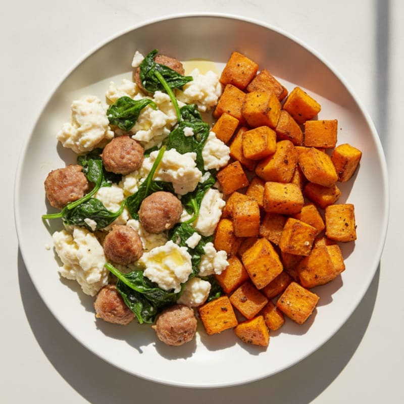 Egg White and Turkey Sausage Scramble with Spinach and Roasted Sweet Potato