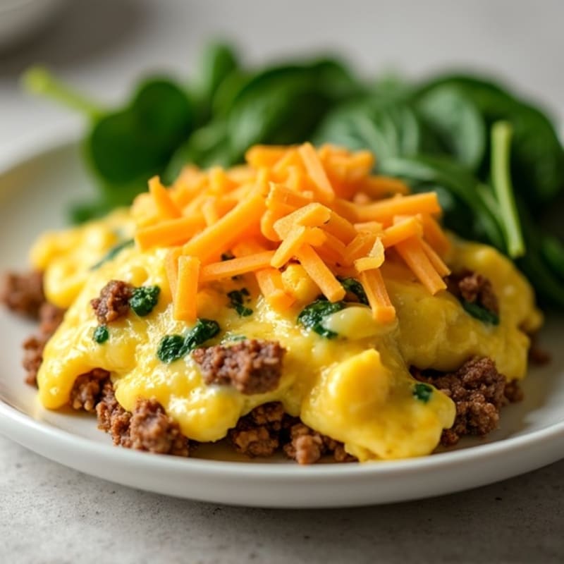 Cheesy Scrambled Eggs with Lean Ground Beef and Spinach