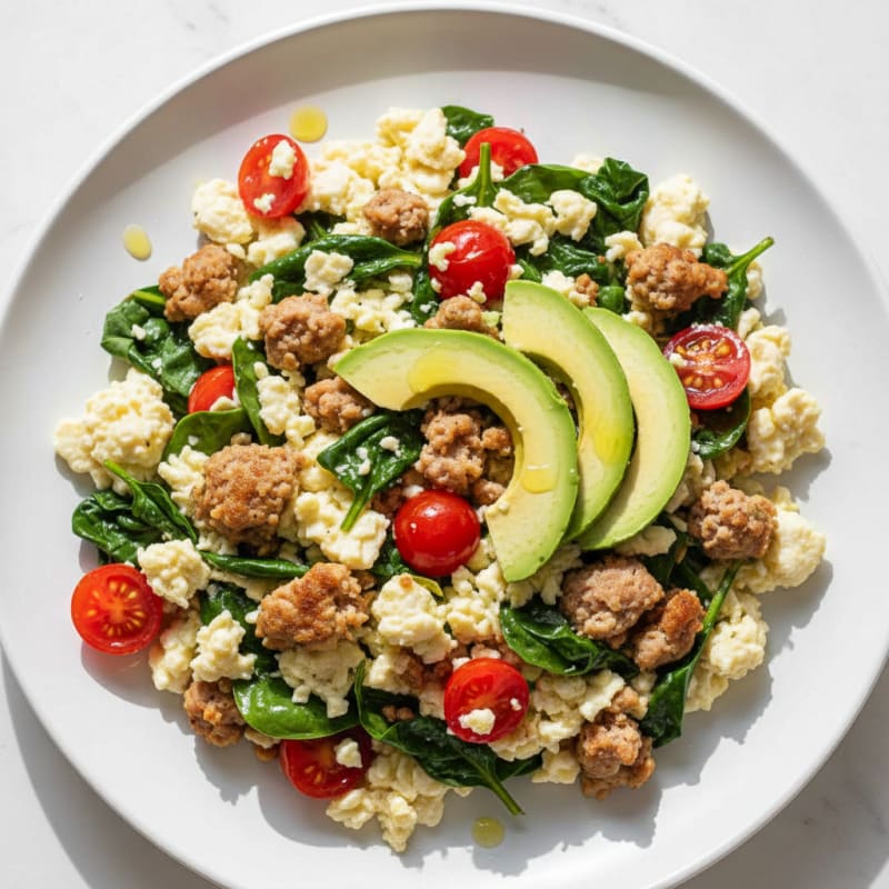 Egg White and Turkey Sausage Scramble with Spinach and Cherry Tomatoes
