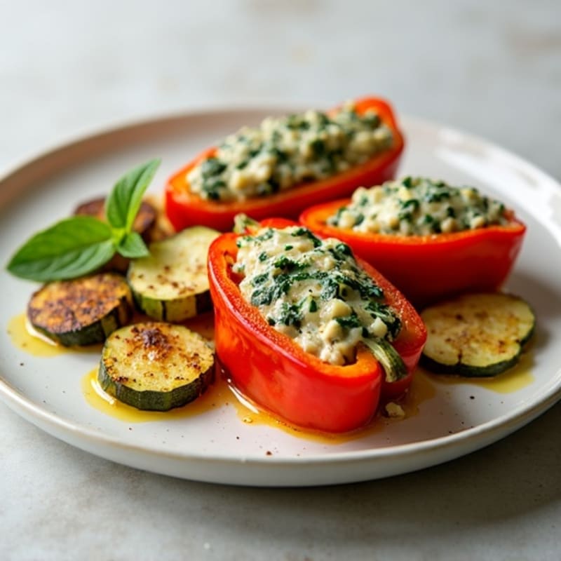 Creamy Ground Turkey and Spinach Stuffed Bell Peppers with Roasted Zucchini