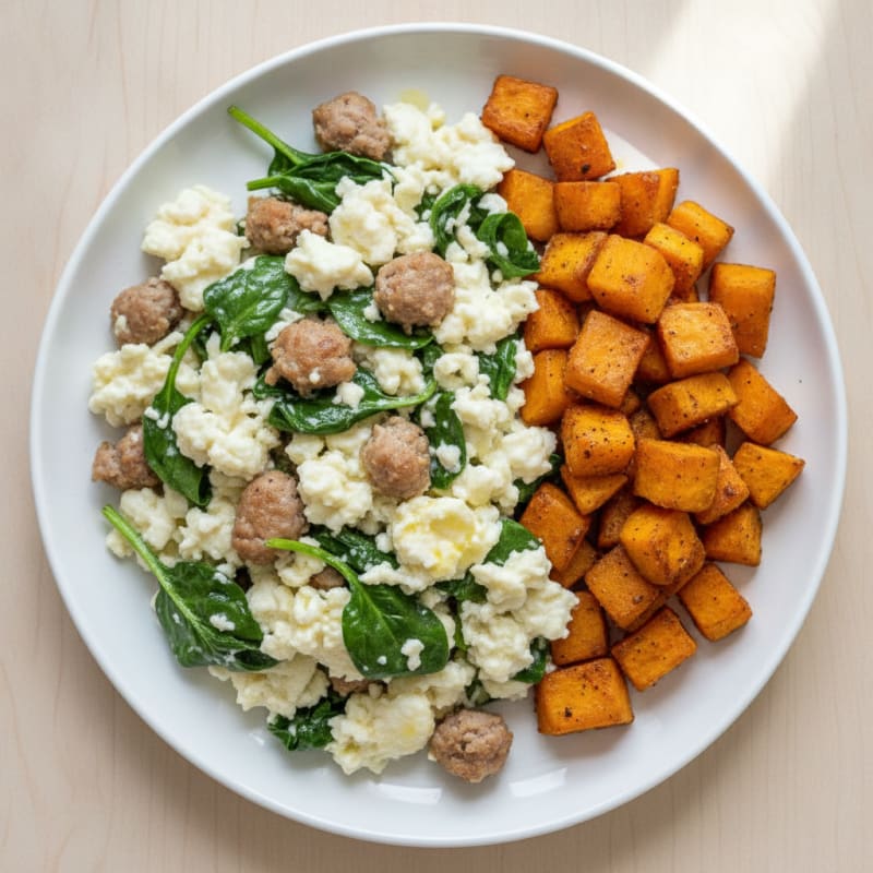 Egg White and Turkey Sausage Scramble with Spinach and Roasted Sweet Potato