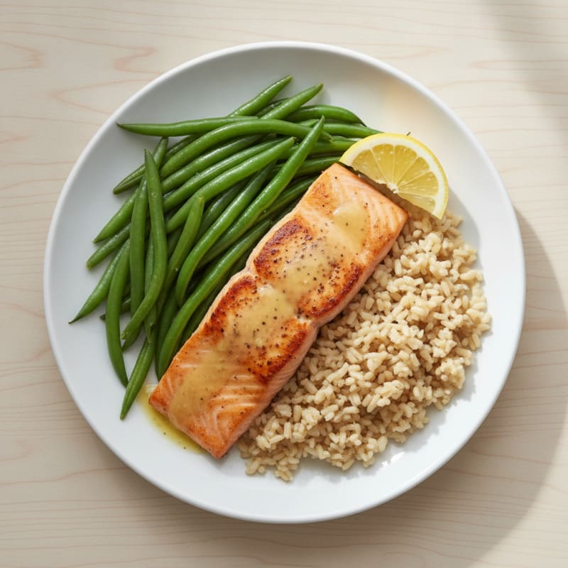 Seared Salmon with Steamed Green Beans and Brown Rice