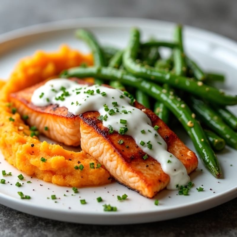 Seared Salmon Fillet with Garlic Green Beans and Sweet Potato Mash