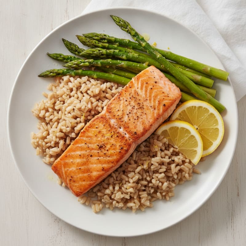 Seared Salmon with Steamed Asparagus and Brown Rice