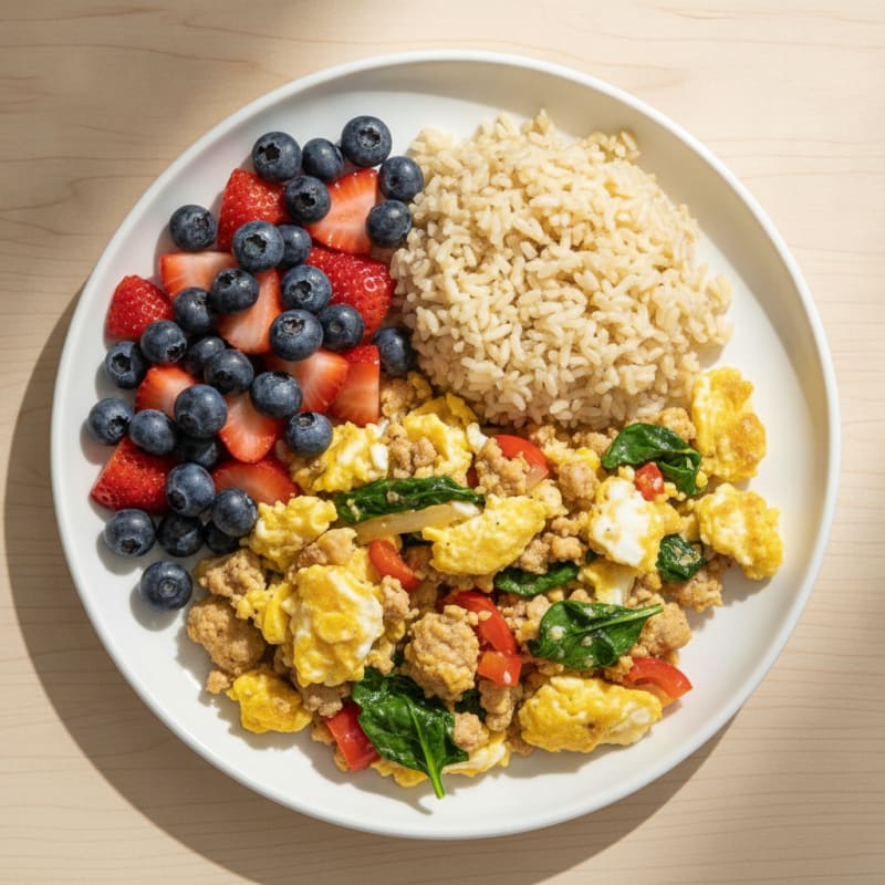 Egg and Turkey Vegetable Scramble with Fresh Berries
