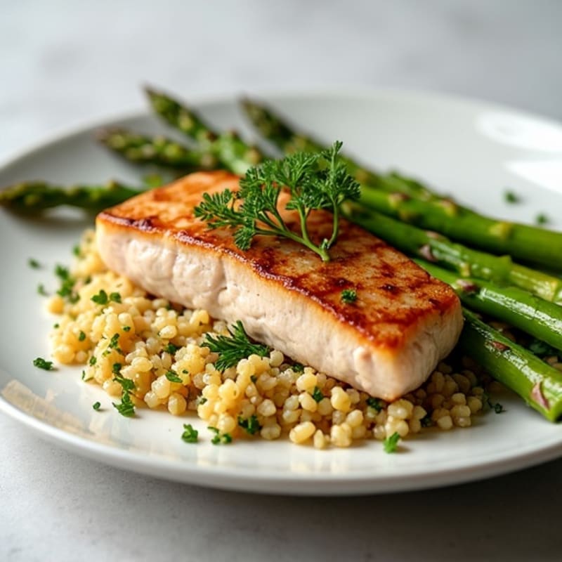 Pan-Seared Tuna with Crispy Roasted Asparagus and Lemon-Herb Quinoa