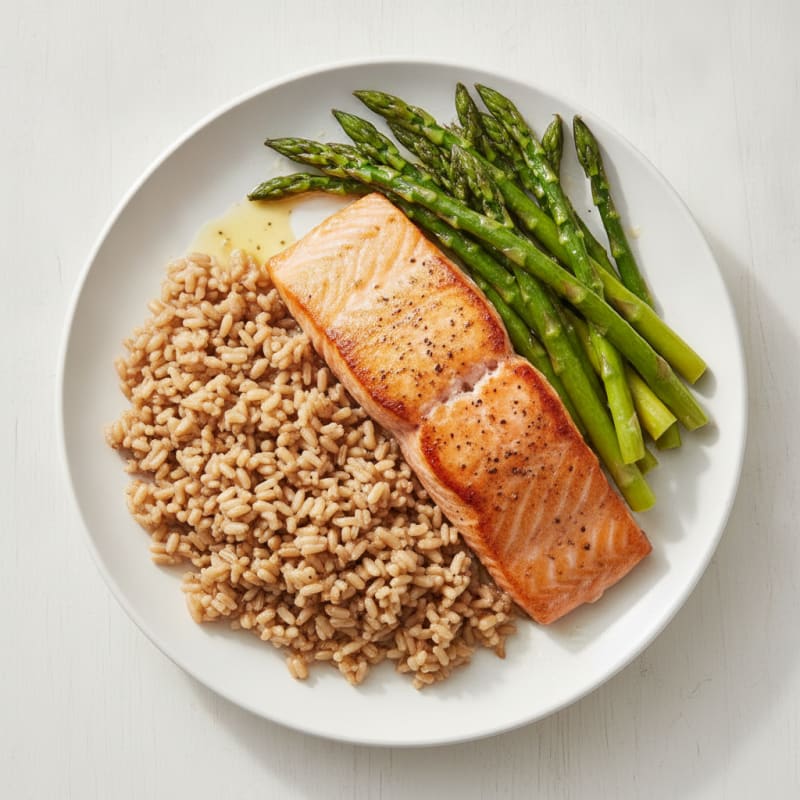 Seared Salmon with Steamed Asparagus and Brown Rice