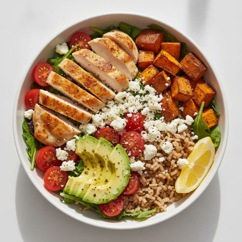 Chicken and Feta Rice Bowl with Roasted Sweet Potatoes