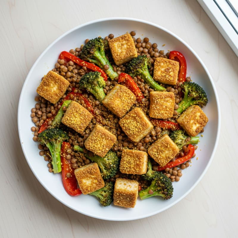Crispy Tofu and Lentil Power Bowl with Roasted Vegetables