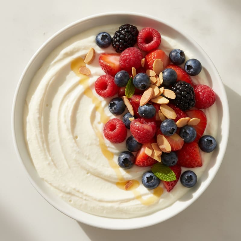 Silky Vanilla Protein Greek Yogurt with Mixed Berries