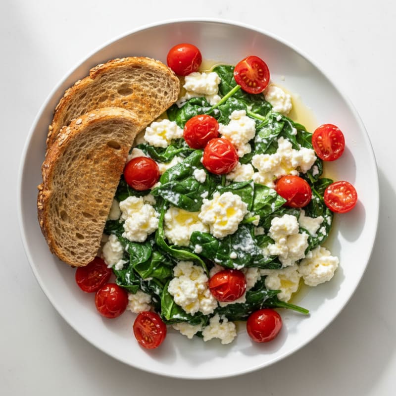 Egg White and Spinach Scramble with Cottage Cheese and Cherry Tomatoes