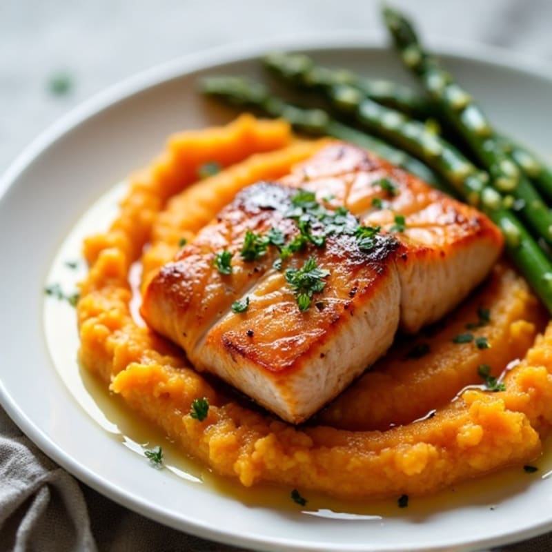 Seared Salmon Fillet with Roasted Asparagus and Sweet Potato Mash