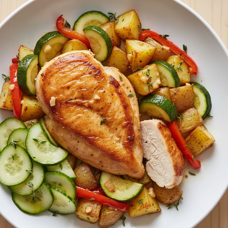 Roasted Chicken Breast with Herb Vegetables and Garlic Potatoes