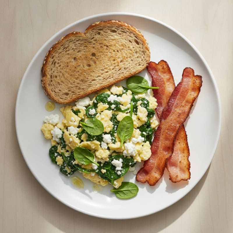Cottage Cheese Egg Scramble with Spinach and Turkey Bacon