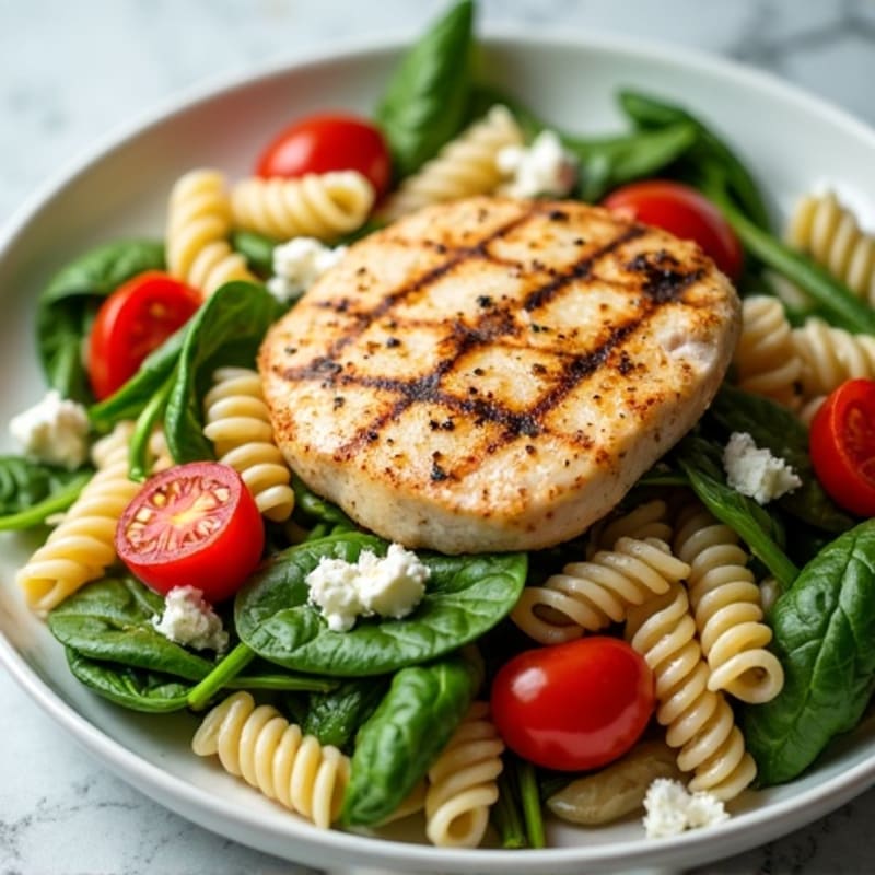 Grilled Chicken Pasta Salad with Spinach and Feta