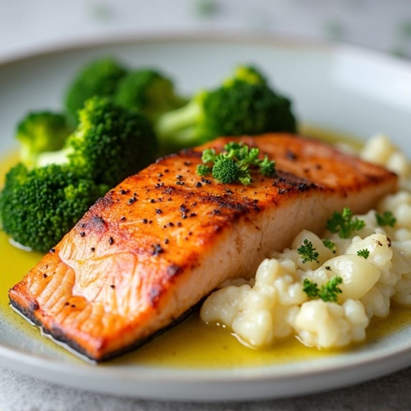 Seared Salmon Fillet with Roasted Broccoli and Garlic Cauliflower Mash