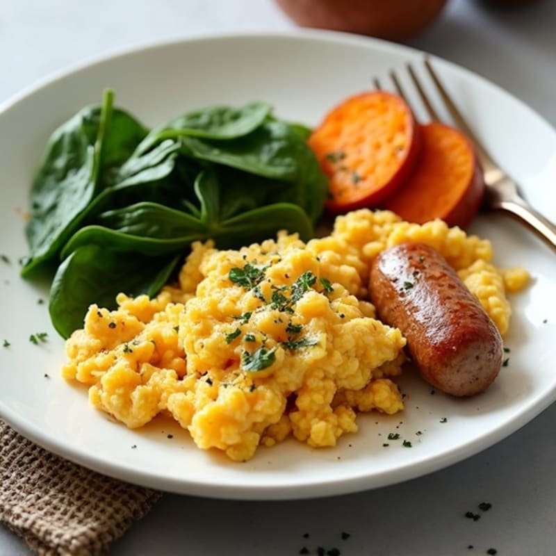 Egg White and Turkey Sausage Scramble with Spinach and Roasted Sweet Potato
