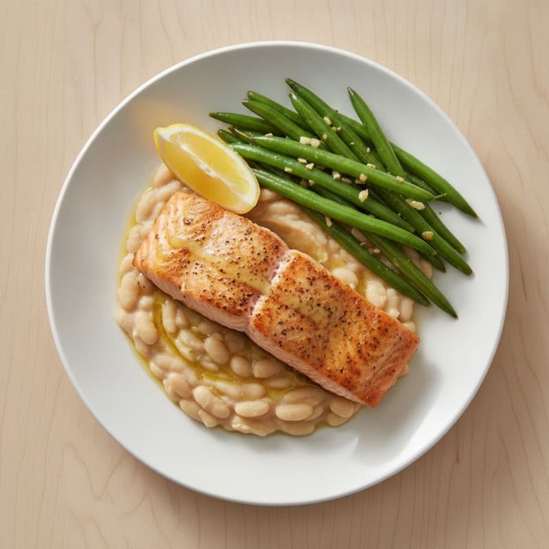 Seared Salmon with Creamy White Bean Mash and Garlic Green Beans
