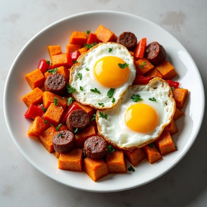 Crispy Sweet Potato Hash with Turkey Sausage and Fried Eggs