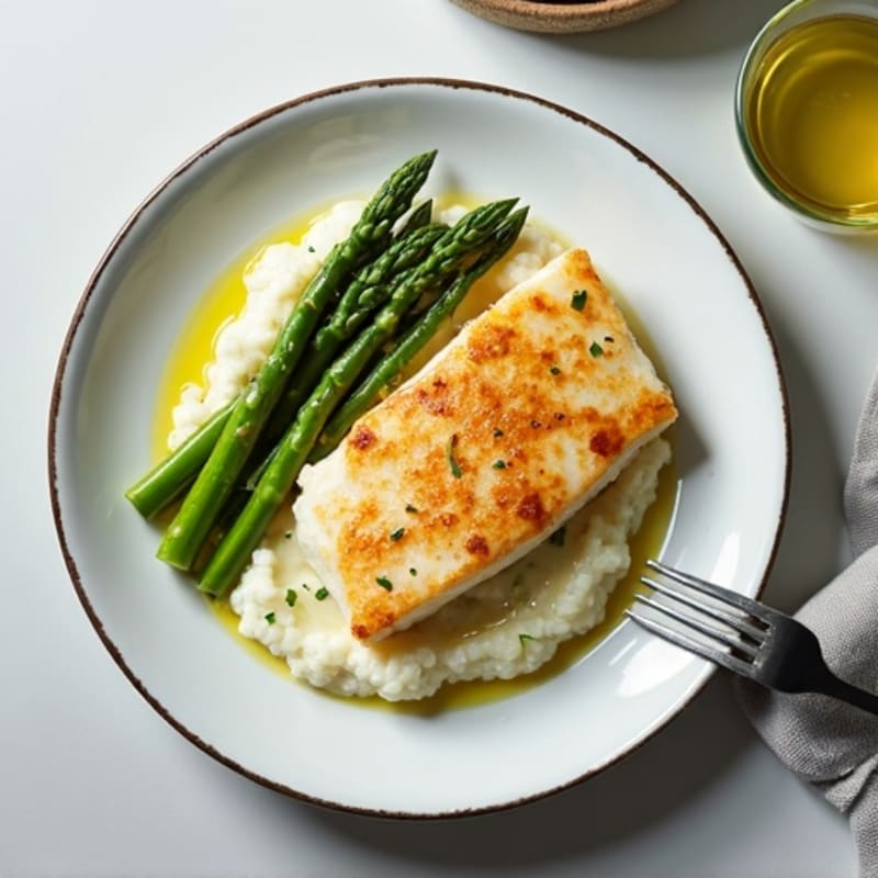 Seared Cod with Steamed Asparagus and Cauliflower Mash