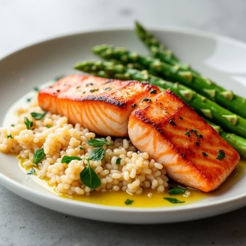 Seared Salmon with Steamed Asparagus and Brown Rice