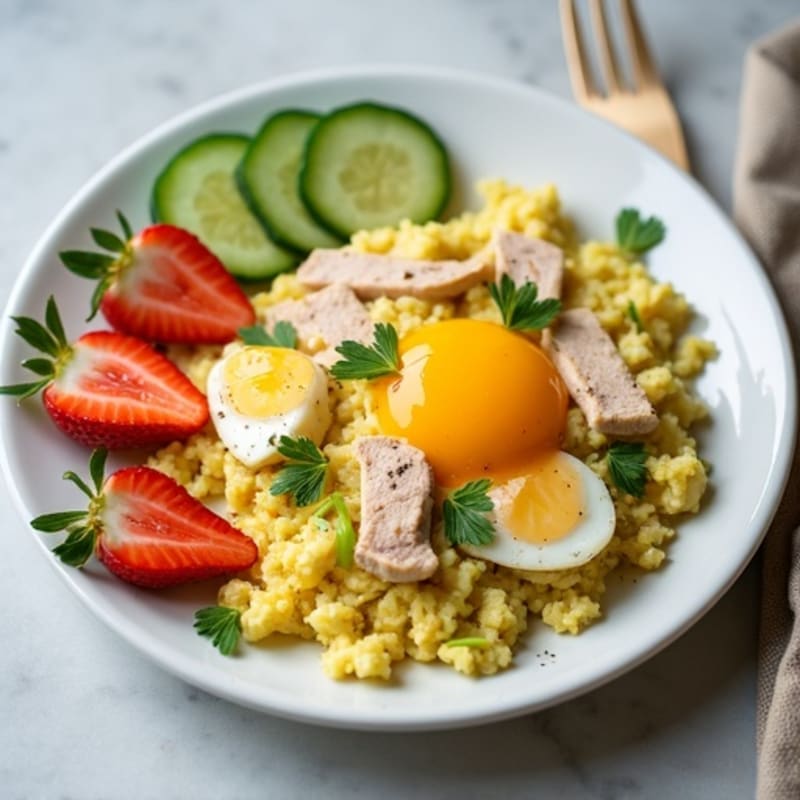 Egg White and Turkey Scramble with Fresh Strawberries and Cucumber Slices