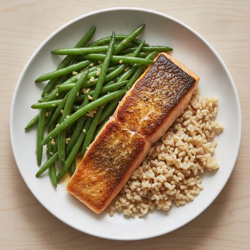 Seared Salmon with Garlic Green Beans and Brown Rice